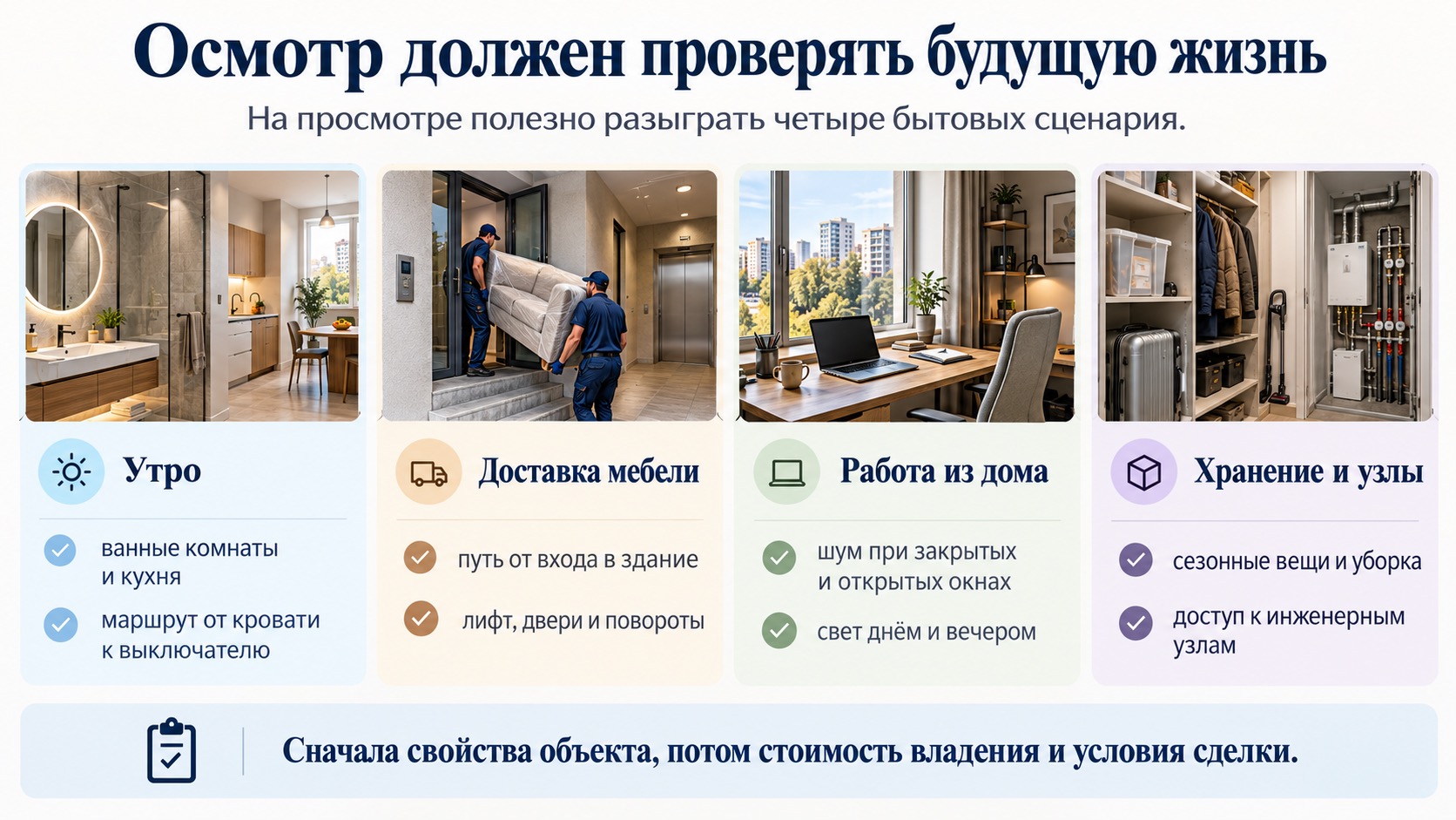 Бытовые сценарии для проверки квартиры на просмотре.